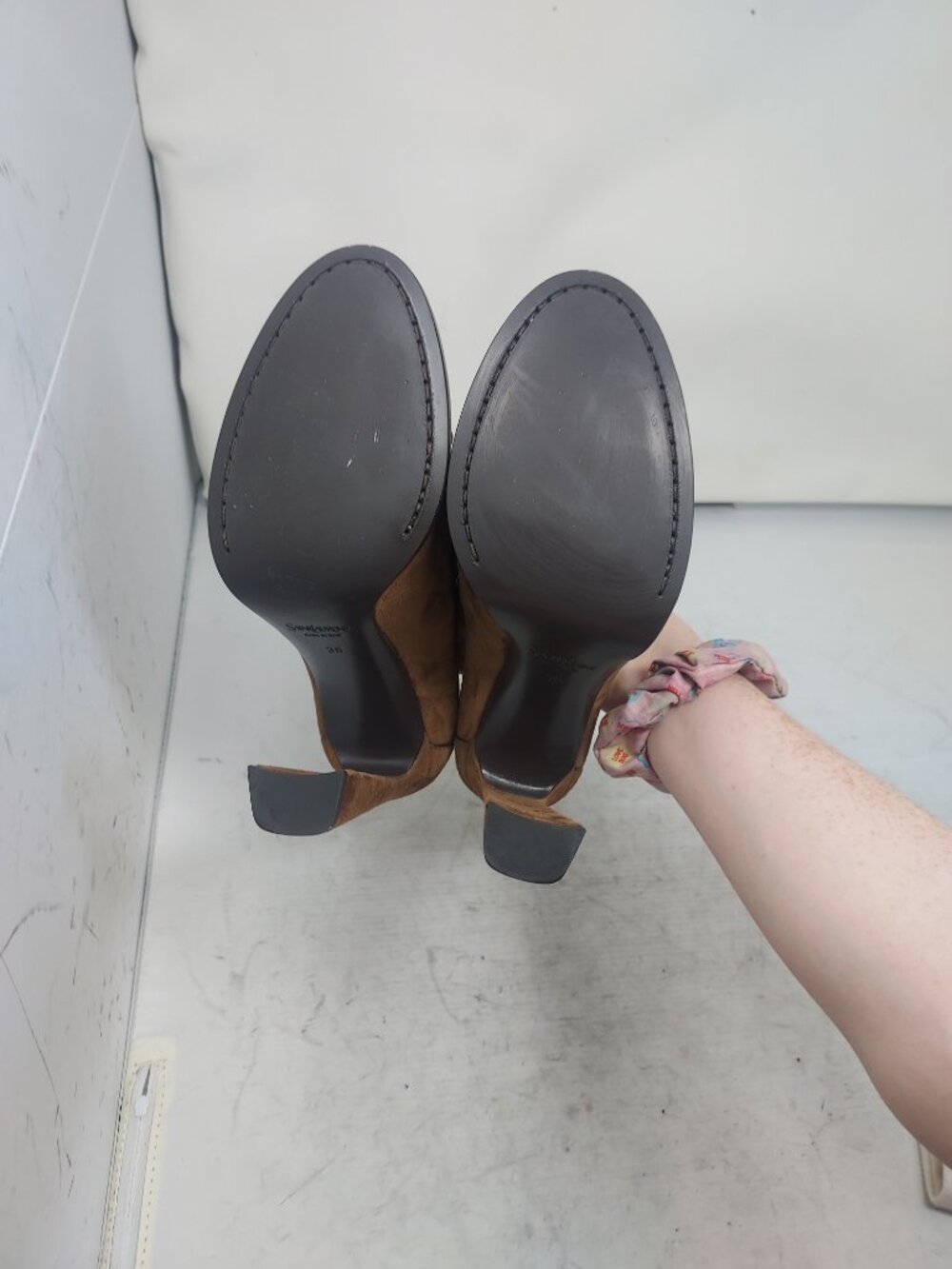 SAINT LAURENT YSL Brown Le Loafer Logo Suede Pump - Picture 2 of 12